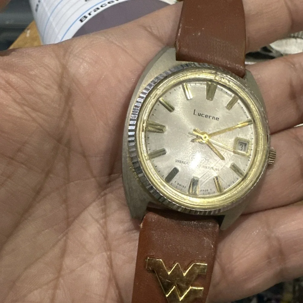 Working Vintage Lucerne Men's Manual Wind Watch 38mm Date Brown Leather Rare Run